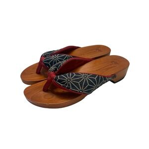 Mizutori Original Japanese Geta Wood Sandals Navy Red Geometric Women Size M 7